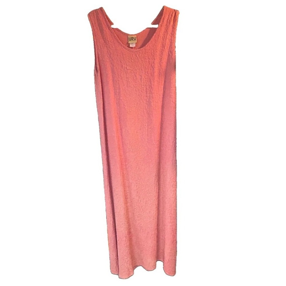 URU 100% Silk Floral Textured Maxi Dress Coral Pink Sleeveless Made in USA